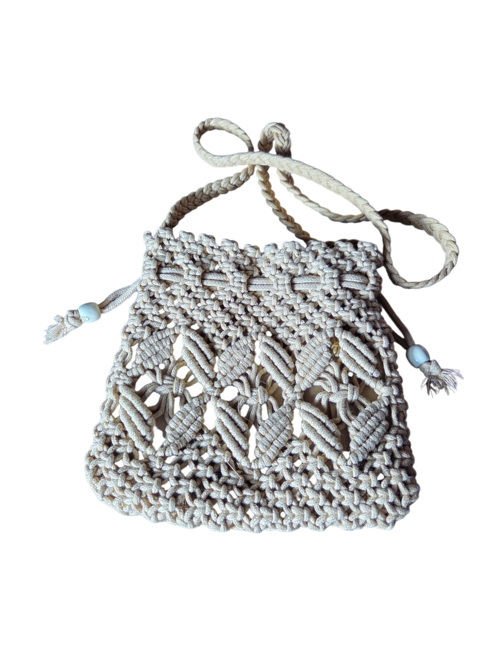 Cream Macramé Crossbody Bag with Braided Strap